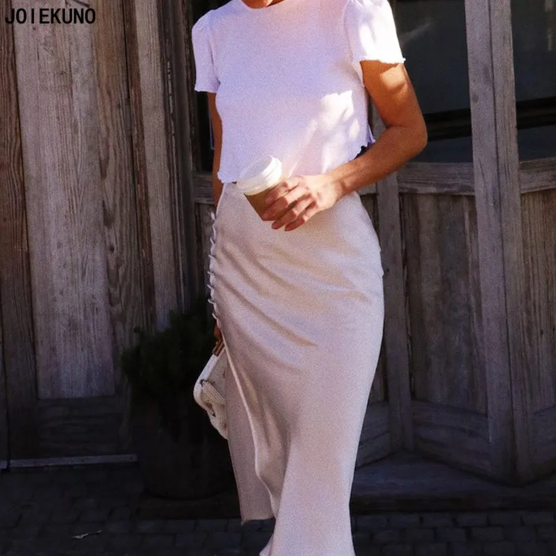 JOIEKUNO на цельных высоких уличная модная длинная юбка женские юбки mujer moda пикантные Modis Кнопка разрез Для женщин вечерние юбка FD8222