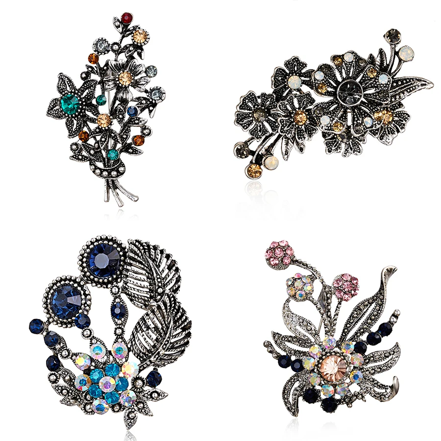 

Rinhoo New Retro Black Colorful Rhinestone Wreath Flower Brooch Pin Classic Popular Women Scarf Jewelry Pins Gorgeous Bouquet