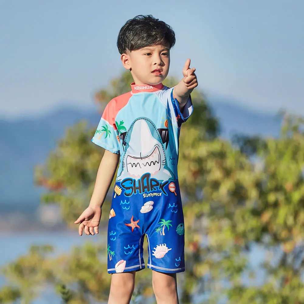Kids One Piece Swimsuits Short Sleeve Rash Guard Shirt Bathing Suits Back Zipper Swimwear Sun UV Protection Surfing Suit Boys