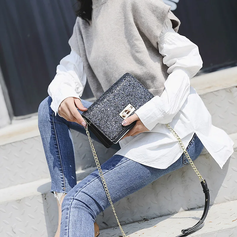 

Bag with Chain Women's New Style Korean-style Star Sequin Bag Western Style Crossbody Bag Fashion Small Square Bag