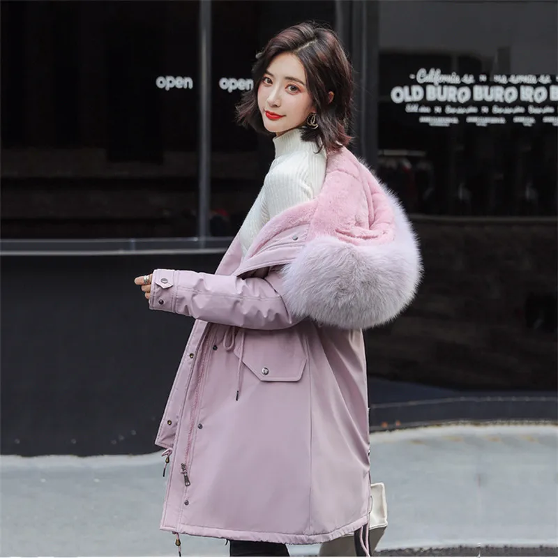 

Parkas Women Cotton Coat 2019 New Winter Medium Long Down Cotton Jacket Warm With Fur Collar Hooded Large Size Overcoat XIN061