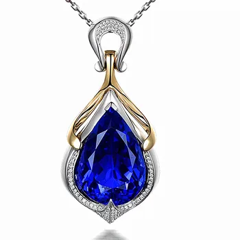 

Luxury big 10 carats blue crystal sapphire gemstones diamonds pendant necklaces for women white gold silver color choker jewelry