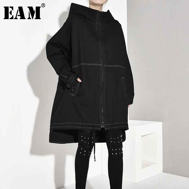 

[EAM] Women Drawstring Line Stitch Oversize Trench Hooded Long Sleeve Loose Fit Windbreaker Fashion Autumn Winter 2020 1A8260