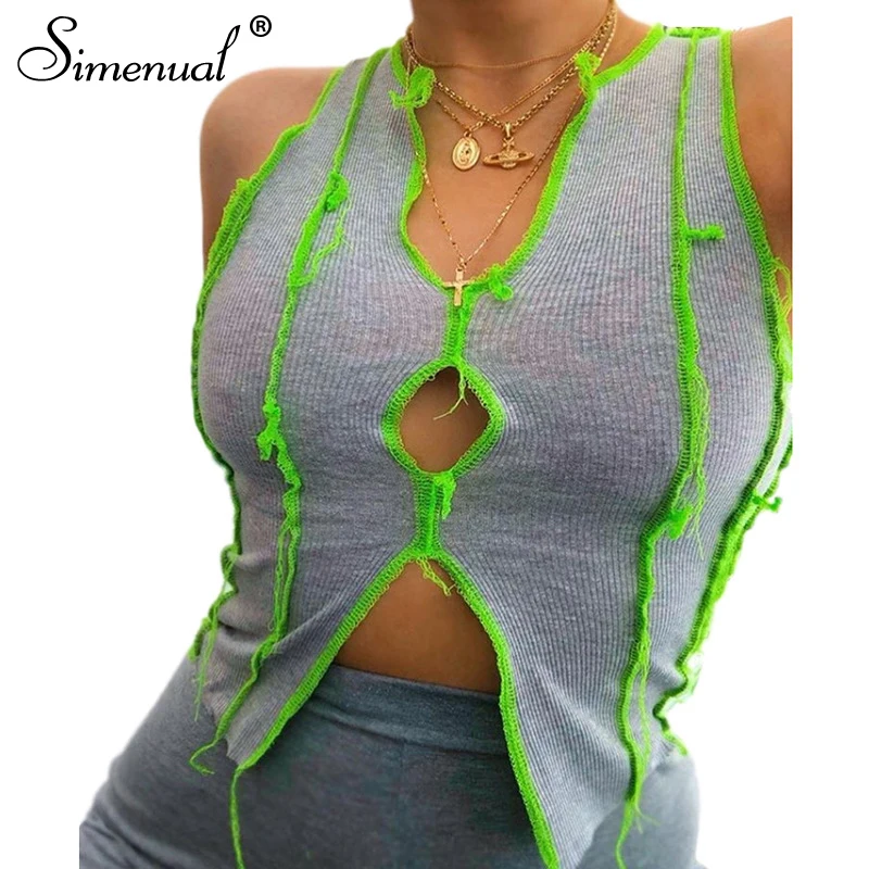 

Simenual Slit Cut Out Sexy Asymmetrical Tank Top Women V Neck Sleeveless Fashion Crop Tops Summer Hot Bodycon Patchwork Tanks