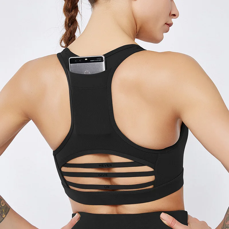 Seamless Back Phone Pocket Women Active Wear Shockproof Crossbar Mesh