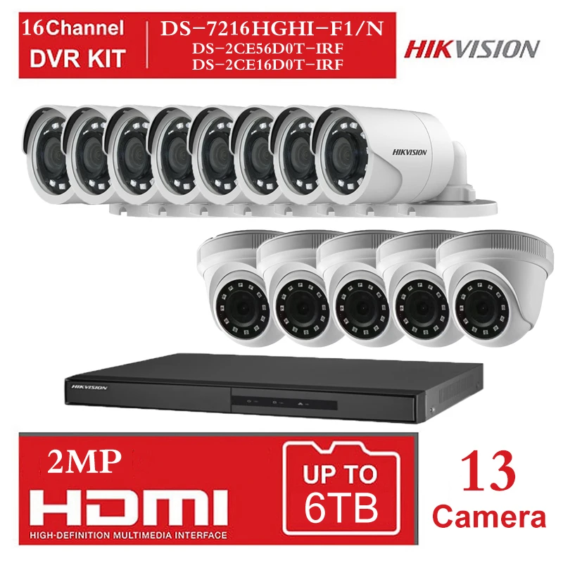 2MP HIKVISION 16-канальный видеорегистратор Гибридный видеонаблюдение Регистраторы с 2MP в маскирующем колпаке для внутренних помещений и Открытый Пуля безопасности комплекты камер