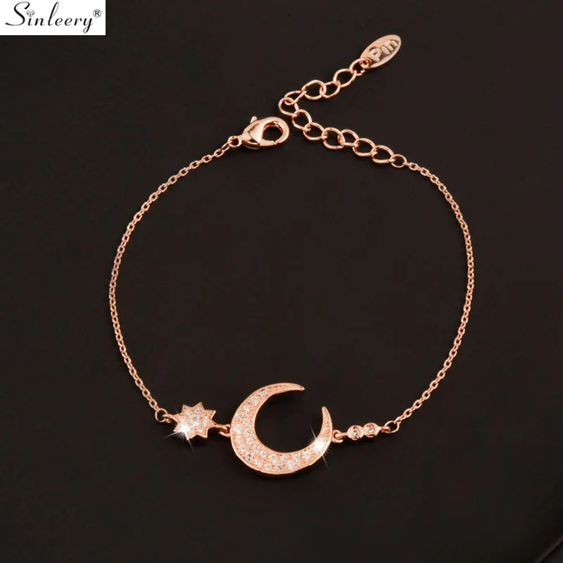 SINLEERY, ослепительный, шарм с Луной и звездой, браслет, розовое золото, серебро, цвет, цепочка, маленький хрустальный браслет для женщин, ювелирное изделие SL089 SSB