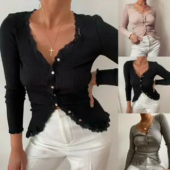 

2019 New Women Autumn Ribbed Button Sweaters Navel Bare Sweaters Cardigan Long Sleeve V Neck Floral Lace Trim Mujer Sweater
