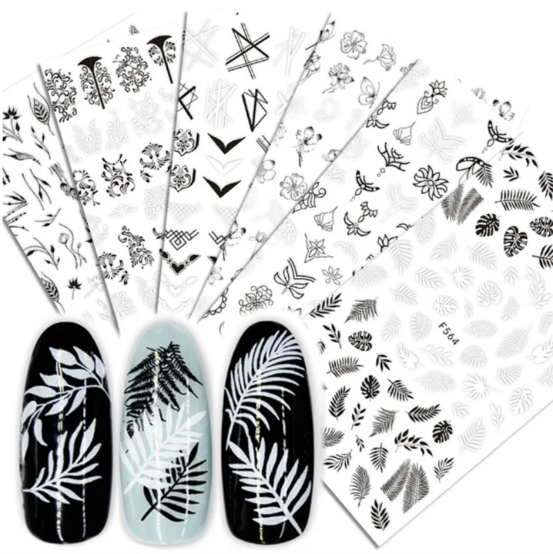 3D стикер s для дизайна ногтей, белый черный цветок, лист, линейные маникюрные слайдеры, 3D дизайн ногтей, декоративные Стикеры, наклейки/500 шт