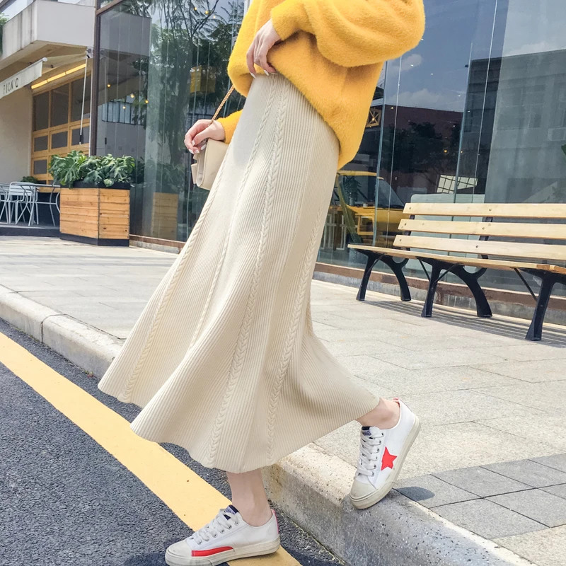 

2019 Elegant Women Sweater Knit Long Skirt Stripe Plait Women Knit Expansion Skirt Formal Autumn Winter Warm Haut Women Skirt