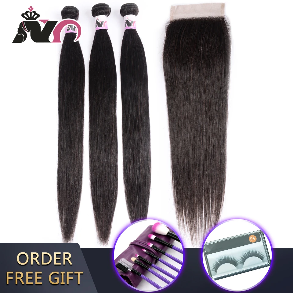 NY Straight Bundles With Closure Malaysia Weave Bundles with 4*4 Closure 100% Human Hair Non-Remy Hair For Black Women 8-28 inch