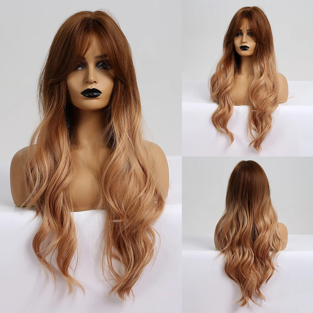 Крошечные LANA Ombre коричневый блонд цвет синтетические волосы парики с челкой для черных женщин термостойкие волокна длинные волнистые средняя часть
