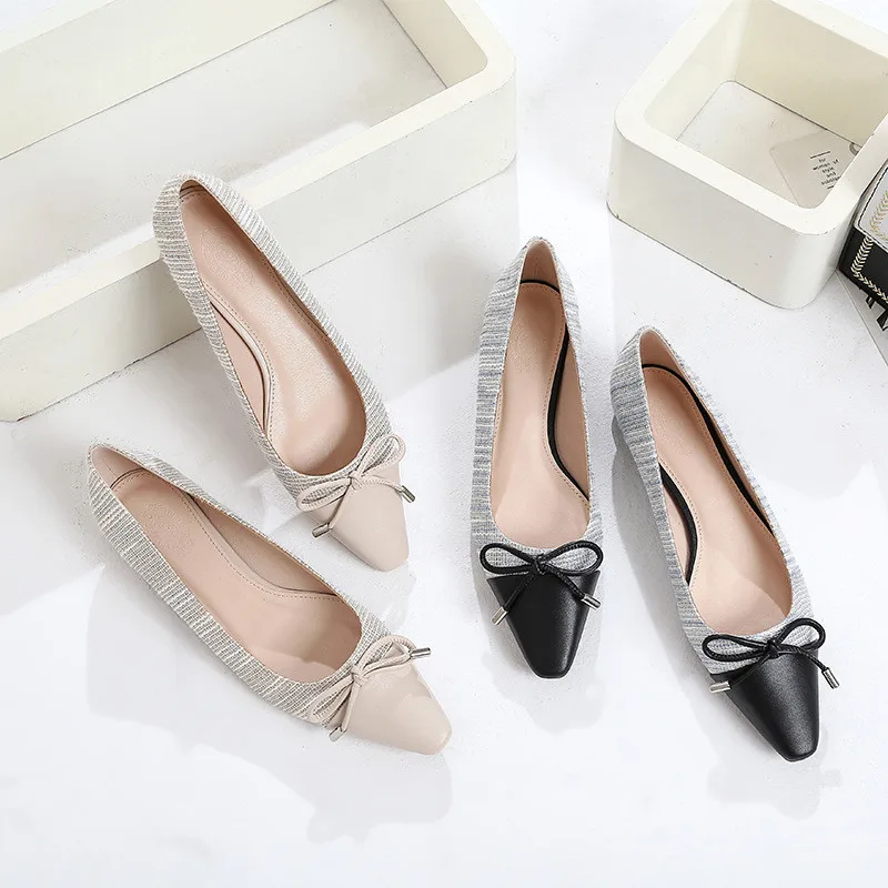 Plus Size 35-41 Women Pumps Shoes Korean Bow Mixed Color Single Office Lady Work Shoes Slip On 2CM Low-Heeled Pumps Women Shoes (17)