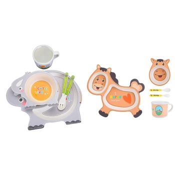 

2 Set Tableware Dishes Kids Dish Bamboo Fiber Dinnerware Set with Bowl Fork Cup Spoon Plate-Gray Elephant & Orange Pony