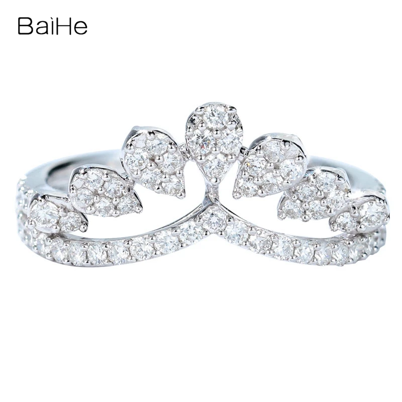 Baihe Solid 14K White Gold H/Si Natural Diamond Crown Ring Women Girl Fine Jewelry Making Fine Jewelry Making Anillo De Corona