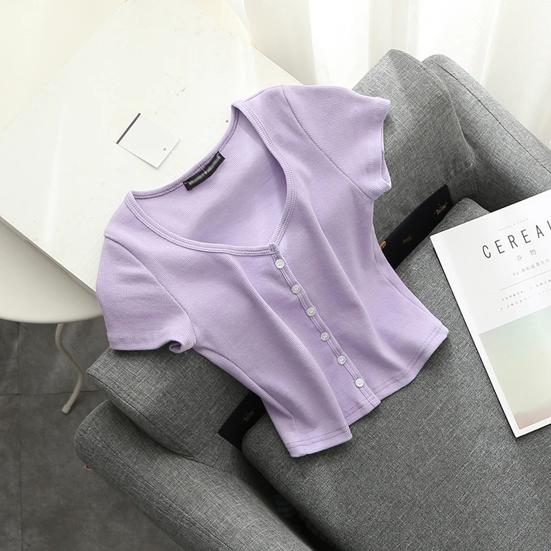Slim girls soft knitted bomb short blouses 2020 summer fashion ladies elegant button tops knitwear female shirts women chic Slim girls soft knitted bomb short blouses 2020 summer fashion ladies elegant button tops knitwear female shirts women chic