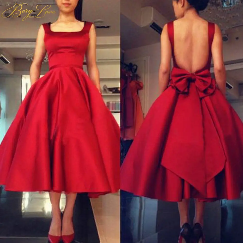 Винтажное красное платье для выпускного вечера длиной до середины икры 1950-х, платье для выпускного вечера с открытой спиной, короткое вечернее платье для выпускного вечера с бантом, vestidos de graduacion - Цвет: Same as Picture