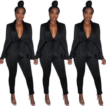 

Autumn Office Lady Style Solid Color Women Two Piece Outfits Sexy V-neck Turn-down Collar Ruffle Jacket and Tight Pencil Pant