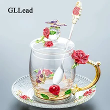 GLLead красота и Новинка эмалированное стекло кофейная чашка цветочный чай чашки для горячих и холодных напитков чайная чашка ложка Набор идеальный подарок