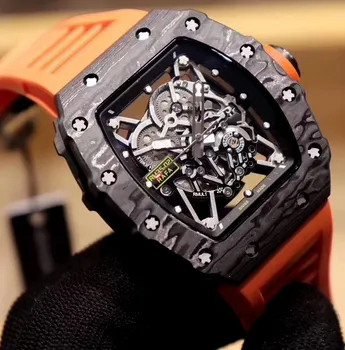

Classic New Red Black Orange Rubber Men Watch Sapphire TPT Automatic Mechanical Carbon Fiber Tourbillion Calendar Skeleton