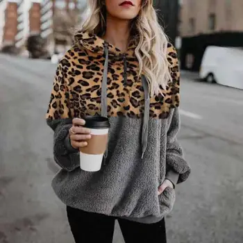 

Leisure Autumn Women Hoodies Female Splicing Fleece Long Sleeve Leopard Printing Comfortable Women Drawstring Sweatshirts Coat