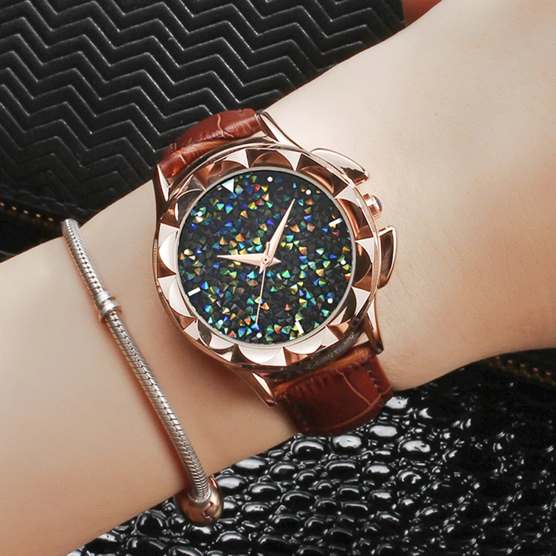 Bling Kleurrijke SANDA люкс Lederen Quartz Horloge Vrouwen Klok Vrouwelijke Dames Jurk Horloge Gift Goud Relojes Mujer Saat
