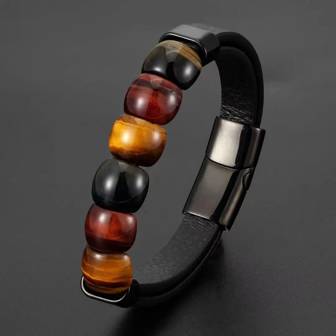 Natural Tiger's Eye Ring Face Type Male Stainless Steel Leather Cord Men's Bracelet Gift - Image 4