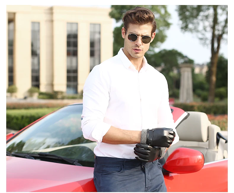 Men's Genuine Leather Gloves Real Sheepskin Black Touch Screen Gloves Fashion Brand Winter Warm Mittens New