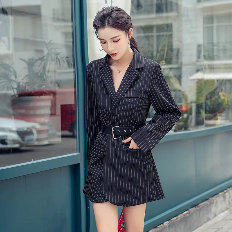 

2019 Autumn And Winter New Style Simple Stripes Suit Collar Tops Slimming Versatile Long Sleeve Middle Long Coat with Belt