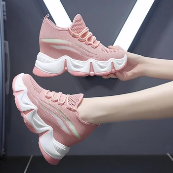

Fashion Sneakers Women Platform Chunky Casual Shoes Pink White 9cm Height Increasing Designers Woman Mesh Tennis Female Trainers