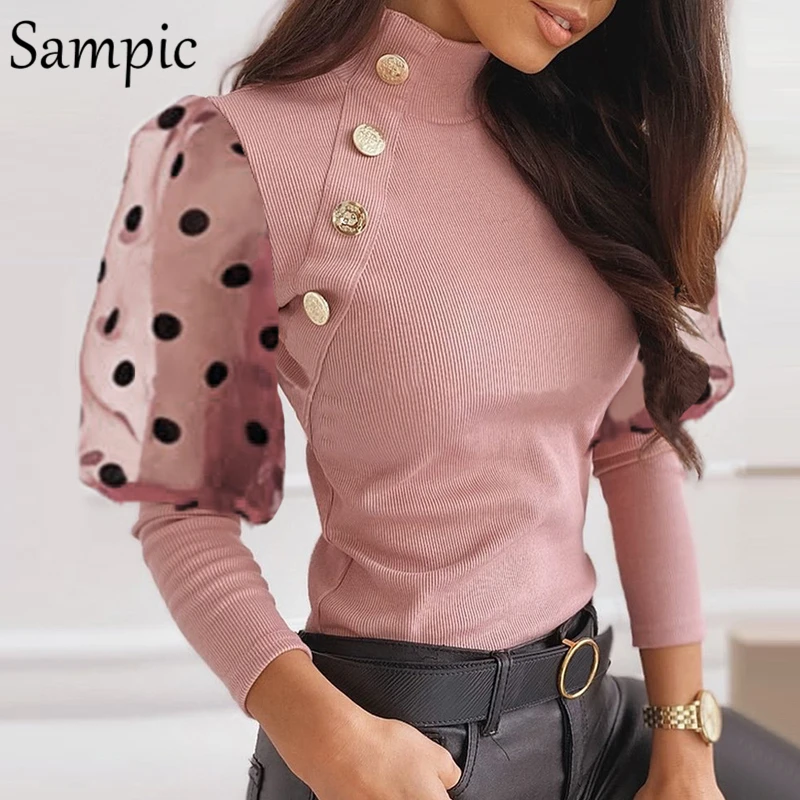 

Sampic casual pink button fashion pullovers sweater tops women mesh patchwork turtleneck puff dot long sleeve knitted sweater