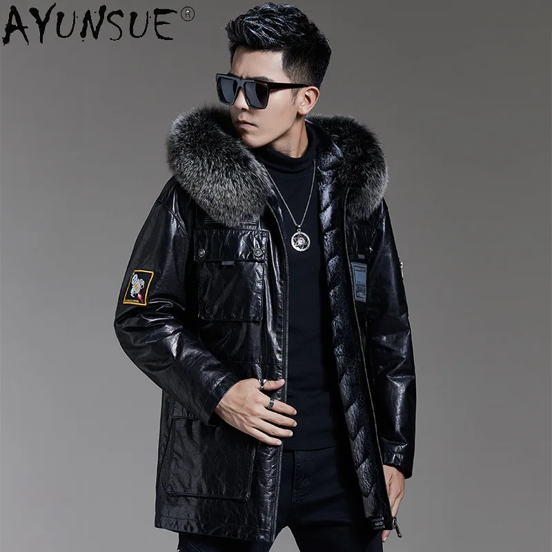 

AYUNSUE 2021 Winter 100% Genuine Cow Leather Jacket Men Hooded Real Fox Fur Collar Coats Male Rabbit Fur Liner Chaquetas Gxy264