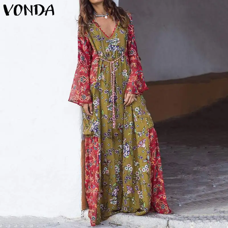 

Plus Size Maxi Long Dress Women VONDA 2019 Spring Vintage Long Sleeve Printed Dress Casual Loose Vestidos Bohemian Sundress