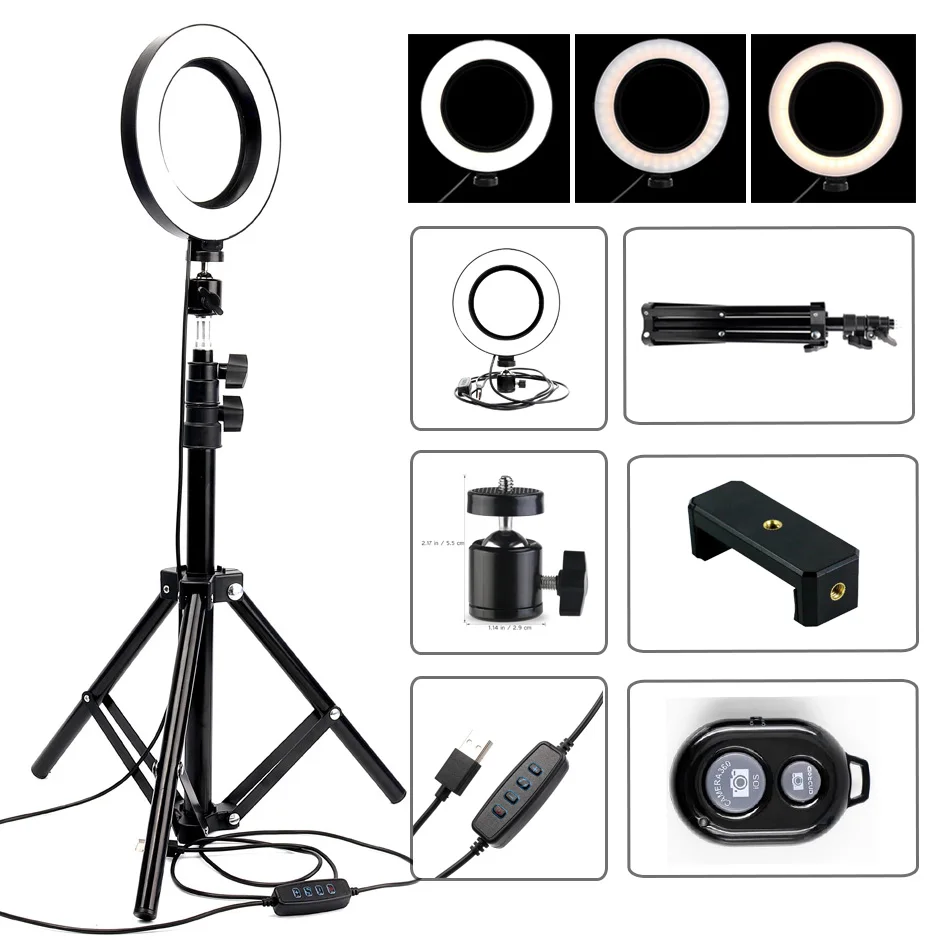 

Selfie Ring Light 6/10 Inch 3200K-5600K LED Photography Lighting Studio Light Lamp 3 Colors Mode for YouTube Video Makeup Photo