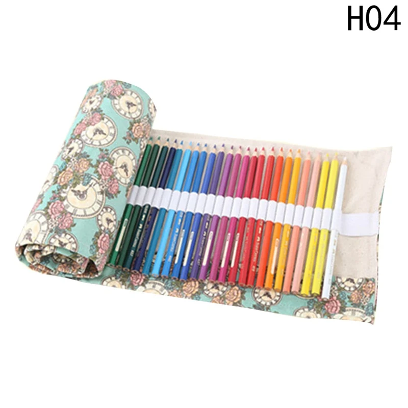 Creative Useful 36 Holes Colorful Pencil Case Canvas Roll Pouch Makeup Cosmetic Pen Storage Box Bag School Stationery - Color: 04