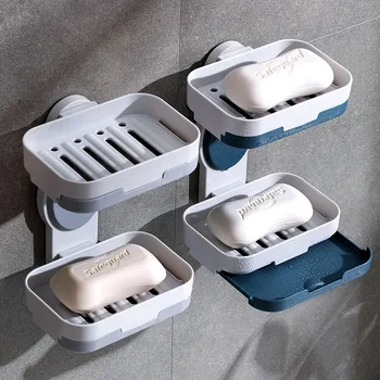 

Hole-Punched Water Draining Soap Box Soap Dish Soap Rack Rotating Double Layer Adhesive Hook Bathroom Kitchen Storage Box