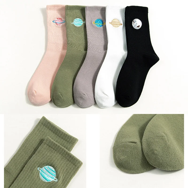 Осенне-зимние женские носки с вышивкой в виде космоса, модные носки для колледжа, Хлопковые вязаные женские носки, chaussette femme