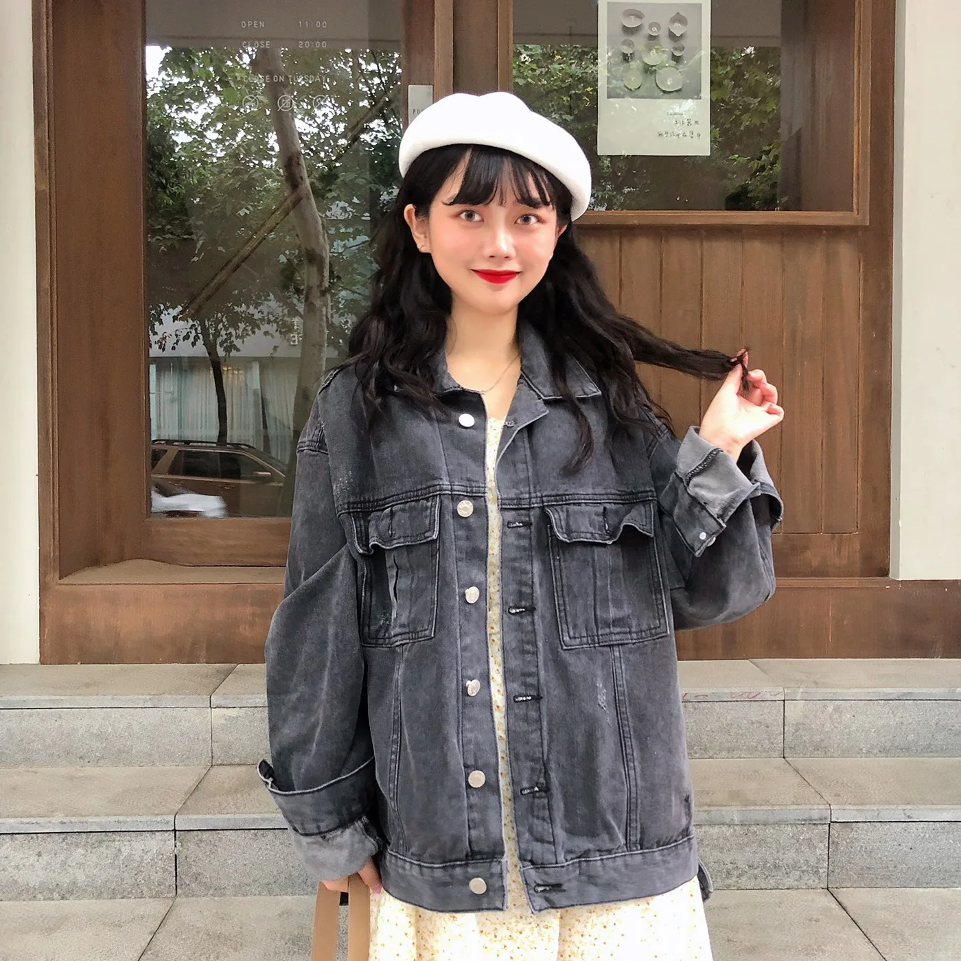 

Unique 2019 Autumn Korean-style Retro CHIC Denim Jacket Women's Loose-Fit Washing Black And White with Pattern Workwear Female J