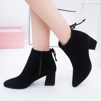 

Fashion Women Boots Casual Leather Low High Heels Spring Shoes Woman Pointed Toe Rubber Ankle Boots Black Red Zapatos Mujer