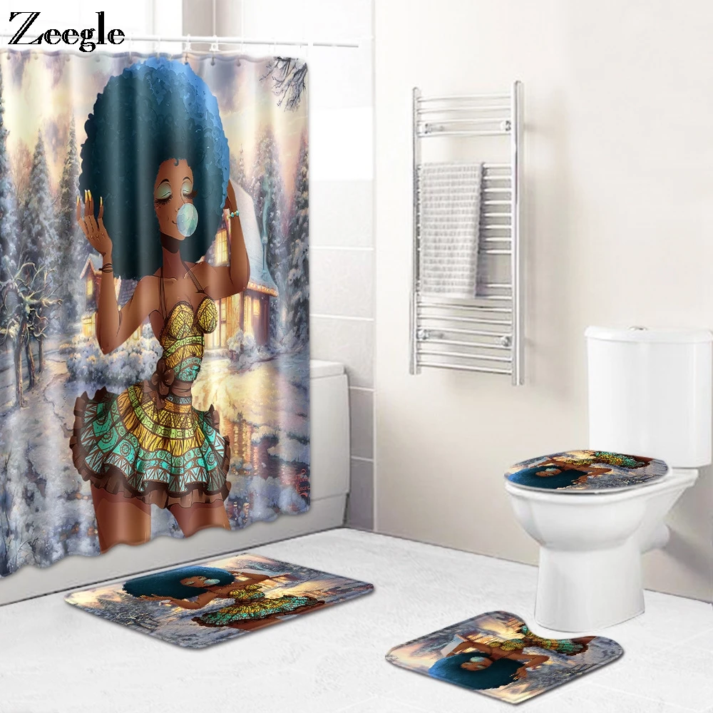 African Shower Curtain Waterproof Bathroom Curtain Anti-slip Toilet Cover Seat Mat Bathroom Doormat Soft Toilet Pedestal Rug