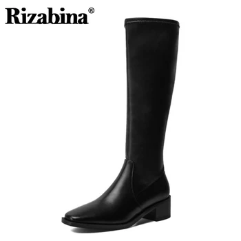 

Rizabina Women Genuine Leather Shoes Square Toe Low Heel Zipper Shoes Solid Ridding Boots Fashion Cool Shoes Footwear Size 31-43