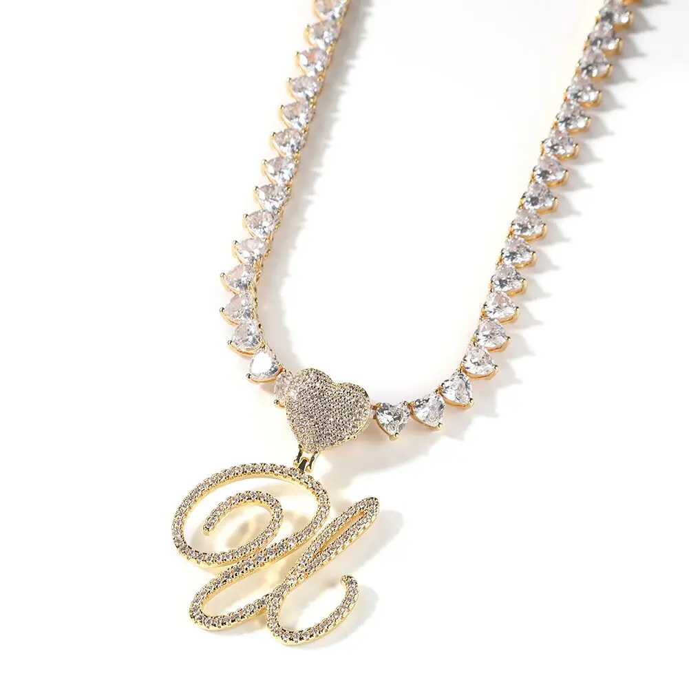 TBTK Cursive Initial Letter A-Z Heart Clasp With 7mm Vintage Heart Tennis Chain Iced Out CZ Charm Necklace Hiphop Jewelry