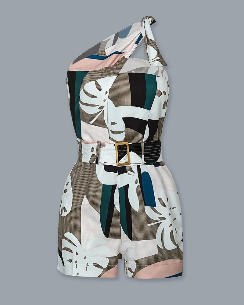 Beste Een Schouder Geknoopt Detail Abstract Print Rompertjes Vrouwen Jumpsuit Zomer Sexy Dames Een Stuk Overalls Playsuits