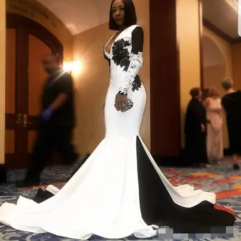 

2020 Mermaid Black and White Wedding Dresses With Long Sleeves Sexy Deep V Neck Black Women Colored Bridal Gowns Custom Made