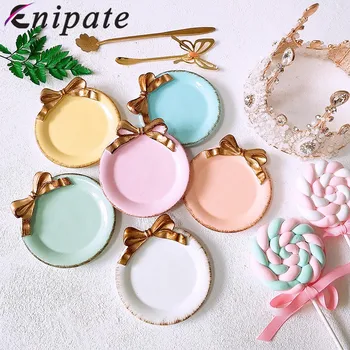 

Enipate Nordic Mini Round Bow Cake Storage Trays Makeup Organizer Dessert Plate Decorative Tray for Kitchen Home Decor 10*10cm