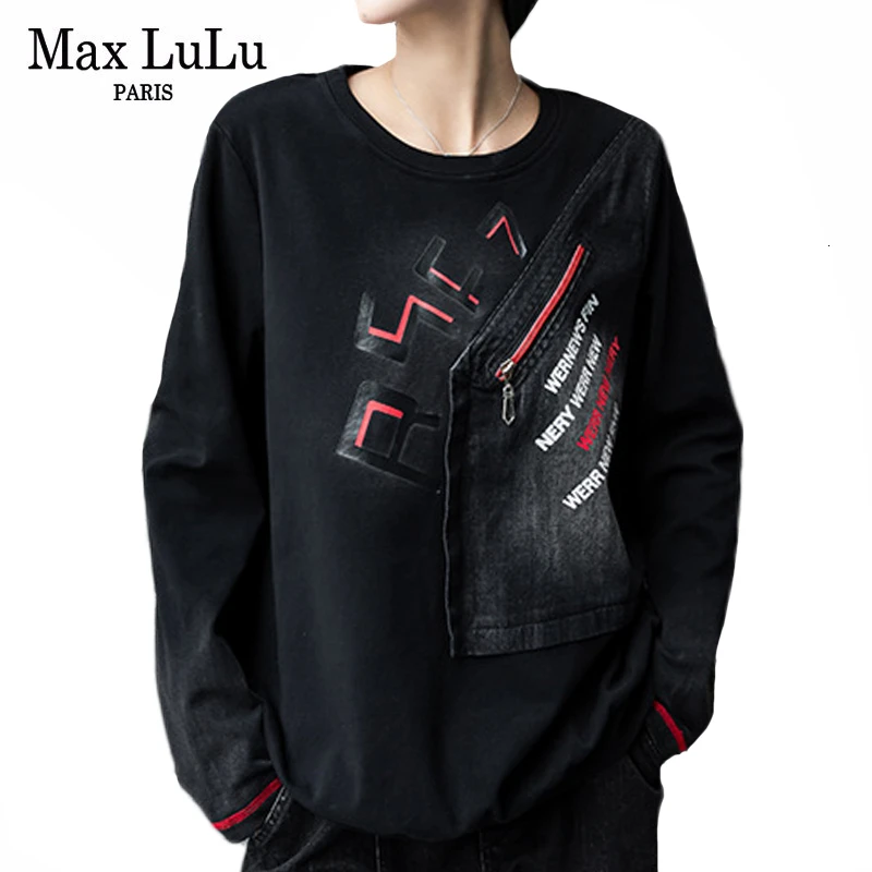 Max LuLu модная Корейская зимняя женская одежда в стиле панк женские джинсовые черные футболки с принтом винтажные Лоскутные женские футболки на молнии