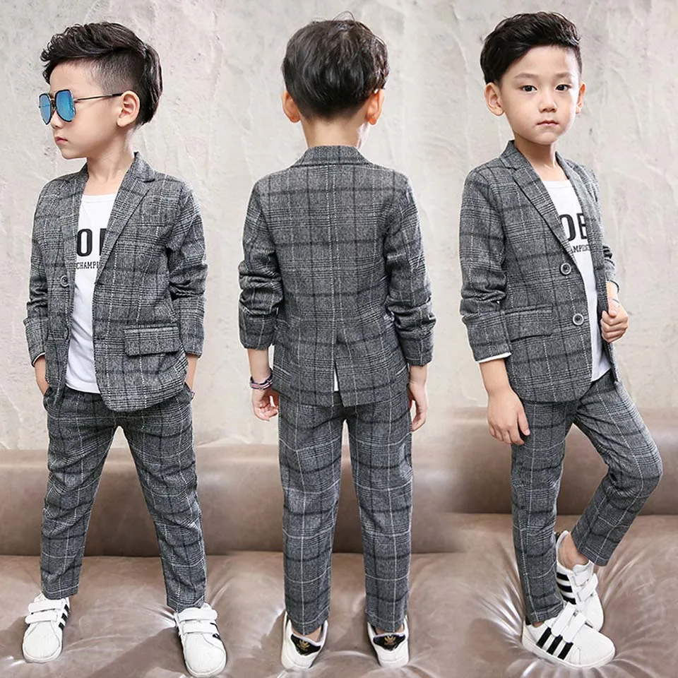 2024 Autunno Primavera Neonati Vestiti Set Plaid Gentleman Top Jacket + Pants Outfit Suit Adolescente 4 5 6 7 8 9 10 11 12 Anni