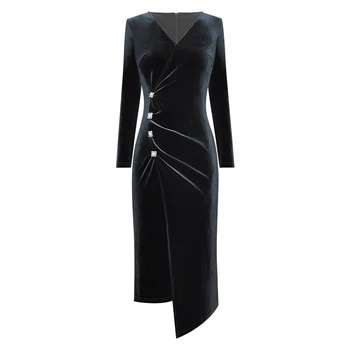 

Red RoosaRosee Designer Women suit new autumn fashion v collar slit slim velvet dress