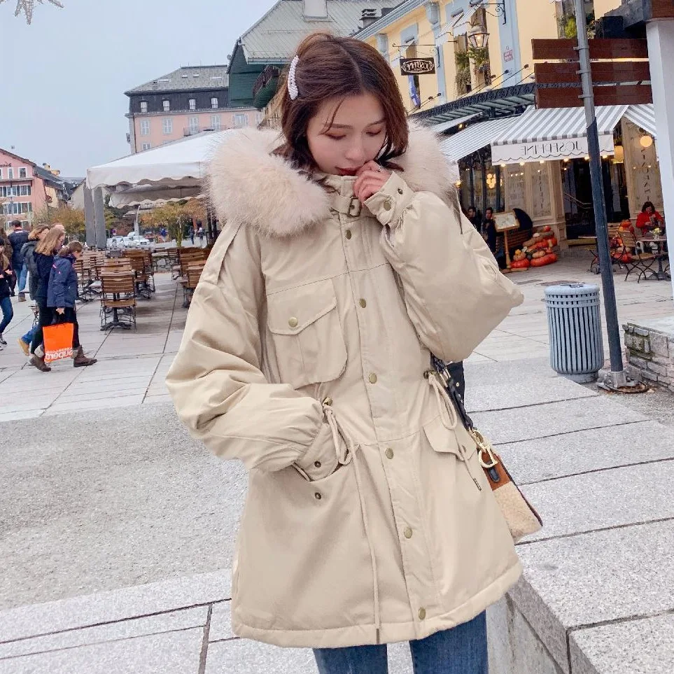 

Photo Shoot Main Push CHIC Khaki Loose-Fit Hooded Fur Collar Parker Overcoat Drawstring Waist Hugging Workwear Cotton Coat Women