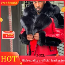 

Leather Men's Winter Jacket Thicken Velvet Fur Collar Hooded Zipper Color Block Patchwork Fashion Red Leather Jacket Men